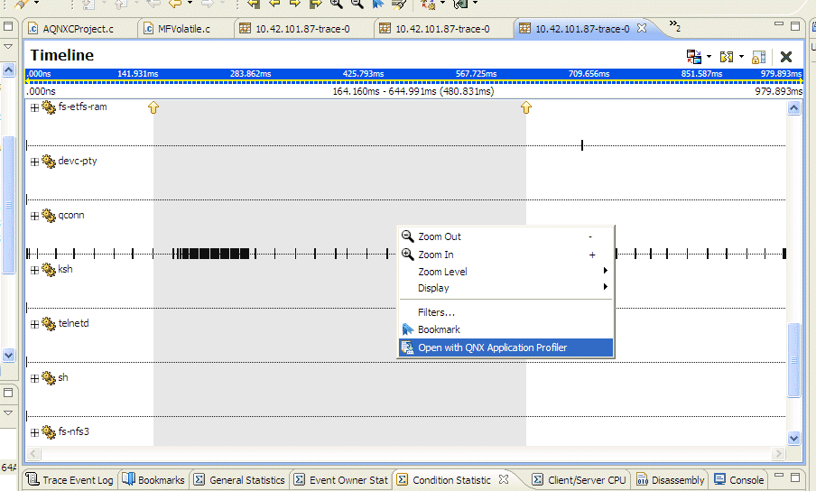  Timeline view menu: Open QNX with Application Profiler