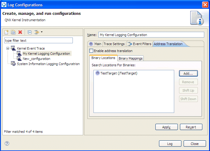 Address translation in Log Configuration dialog