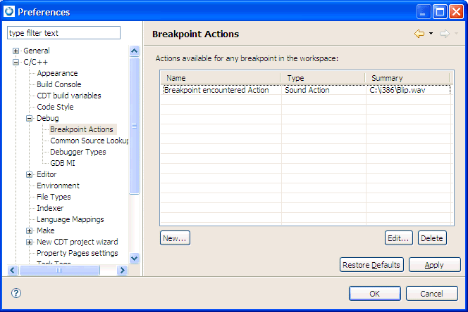 Breakpoints: setting a breakpoint action