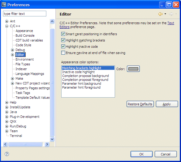 C/C++ editor; preferences