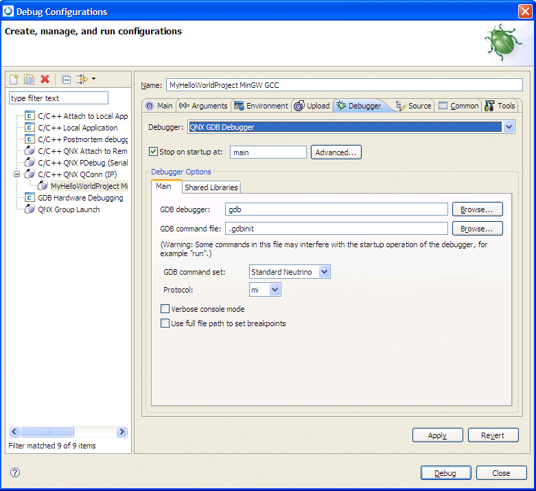 Launch Configurations dialog; Debugger tab