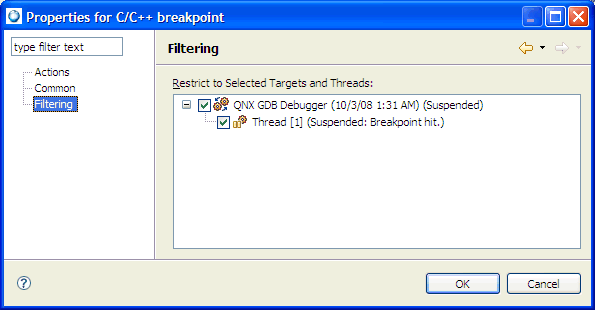 Breakpoints view; setting breakpoint properties