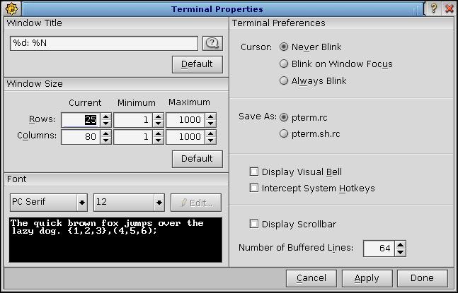 Terminal Properties dialog